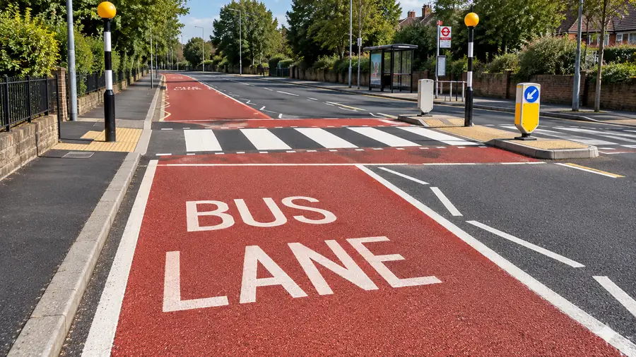 Red high friction surfacing on a bus lane approaching a zebra crossing