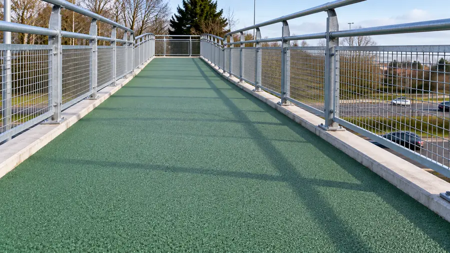 Green anti-slip coating on a footbridge deck over a dual carriageway