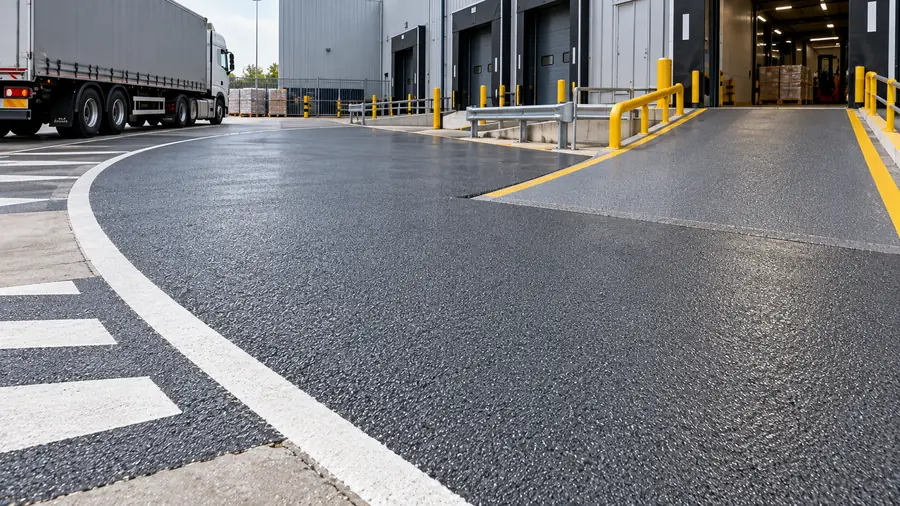 Heavy-duty anti-skid surfacing on an HGV turning area and loading dock slope