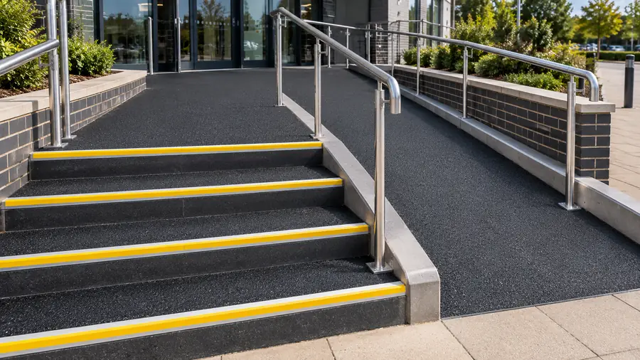 Black anti-slip coating on external steps with yellow nosings and an access ramp